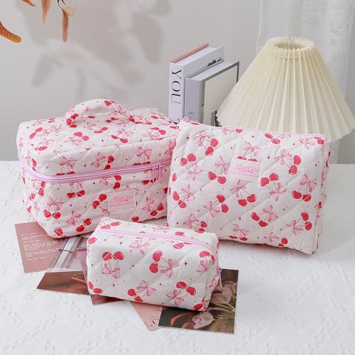 3-Piece Quilted Makeup Bag, Large Cute Coquette Pink Makeup Bag Set, Aesthetic Cosmetic Bags for Women, Travel Toiletry Bag Organizer with Zipper (Cherry Bow)