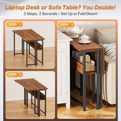 Rustic Brown Folding Desk with Storage Shelf - 39.4 Inch Compact Computer Table