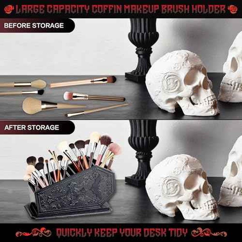 Gothic Coffin Decor Makeup Brush Holder,Spooky Witchy Gifts for Women,Bat Cosmetic Display Cases,Cross Goth Decor Pen Holder, Vanity, Desk, Office Organizer for Christmas Bedroom Bathroom,Black