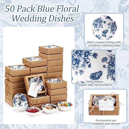 Teenyyou 50 Pack Small Ceramic Bowls - Blue Floral Wedding Favors & Holiday Party Serveware