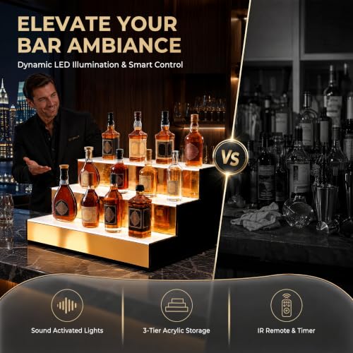 LED Liquor Bottle Display Shelf - 3-Tier Acrylic Bar Shelving with Color Changing Lights