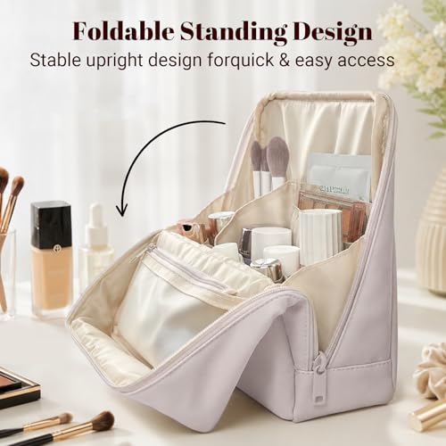 Standing Makeup Bag for Women Large Travel Cosmetic Organizer - Light Pink