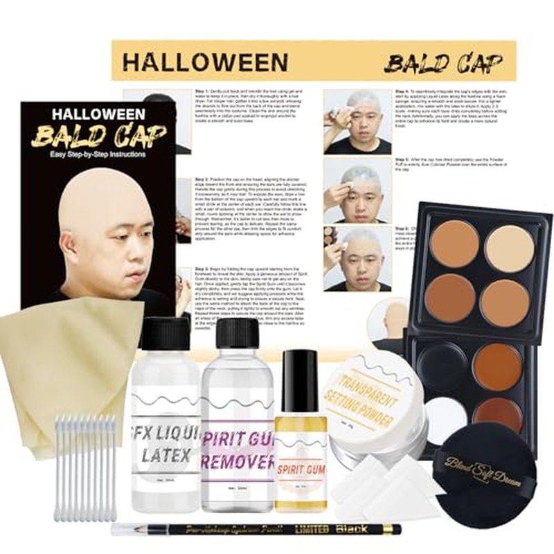 Halloween Bald Caps Costume Kit for Woman & Men - Realistic Latex Bald Cap with Adhesive Glue & Remover - Complete Makeup Set for Halloween, Zombie, Cosplay, Costume, SFX, Dress-Up Party