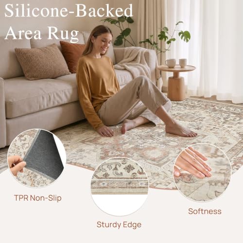 Vintage Washable Area Rug 8x10 Beige Medallion Pattern Living Room Carpet - Durable & Non-Slip