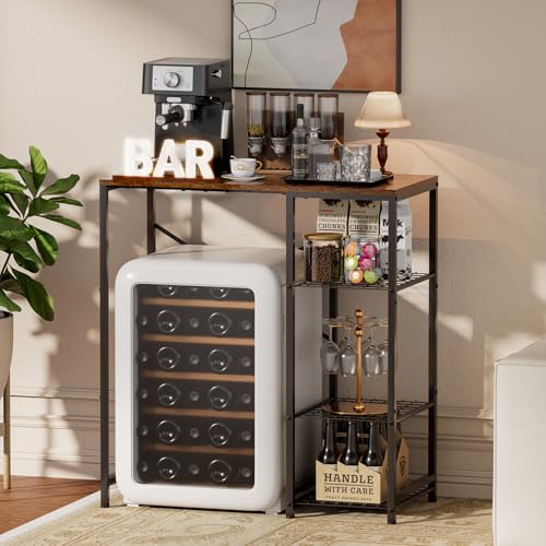 Mini Fridge Stand with Storage Shelves - Black & Rustic Brown 3-Tier Microwave Rack for Dorm Apartment Kitchen Office