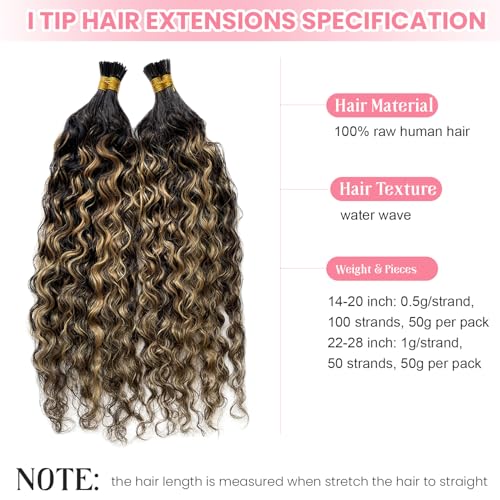 Water Wave I Tip Human Hair Extensions - Balayage Natural Black with Honey Blonde Highlights - 14 Inch, 100 Strands - Variation #1BP27