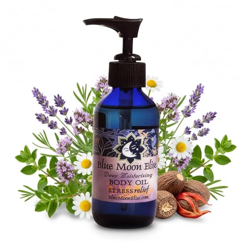 Blue Moon Elise Aromatherapy Body Oil - Hydrating Body Oil with Almond, Apricot & Coconut Oils - Scented with Pure Essential Oils for Women, Men & Dry Skin (Stress Relief 4 Oz)