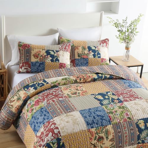 ENASAL Luxury Floral Reversible Cotton Bedspread Quilt Set Queen 90x98in