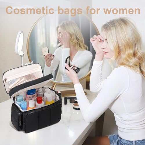 LEDAOU Toiletry Bag for Women, Quilted Travel Makeup Bag Organizer with Double Deck, Large Wide-open Cosmetic Make up Bag for Travel Essentials (Black Puffy)