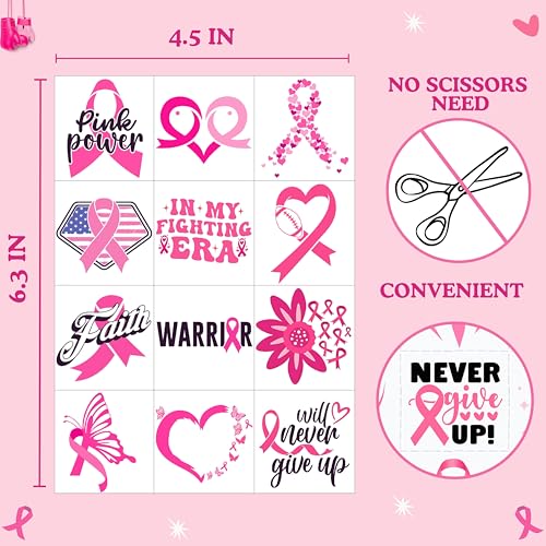 Breast Caner Temporary Tattoos, Pink Tattoos Stickers, Breast Cancer Awareness Decorations, Pink Stickers for Party Decoration Supplies Favors for Kids Adults