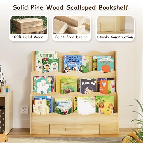 29.6-Inch Montessori Kids Bookshelf with Drawer, 3-Tier Scalloped Design for Nursery & Playroom