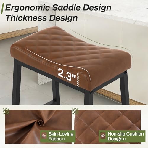 Counter Height Bar Stools Set of 3 Brown Saddle Seat Modern Dining Chairs