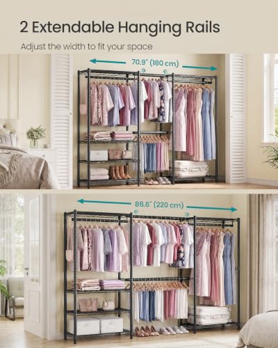 SONGMICS Adjustable Clothes Rack with Mesh Shelves and Hanging Rails - Ink Black