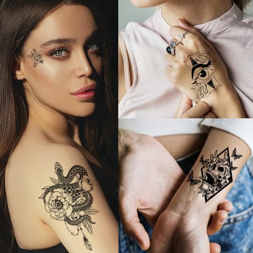 winthrop 80 Sheets Tiny Temporary Tattoos for Adult ? Black Theme Waterproof Body Art Realistic Tattoos Stickers, Include Lion Wolf Tiger Owl Skeleton Skull
