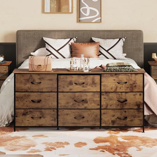 WLIVE Rustic Brown 65 Inch TV Dresser with 9 Fabric Drawers and Wood Top - Ample Storage