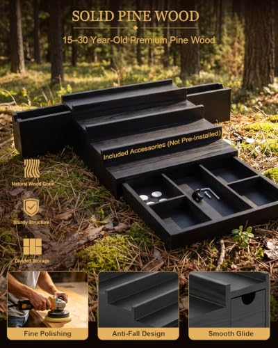 Cologne Organizer for Men - 4 Tier Black Solid Pine Wood Stand with Dual Drawers