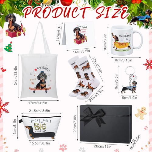7 Pcs Dachshund Gift Sets for Women Include Weiner Dog Keychain Cosmetic Bag Socks Mug Tote Bag Cards with Gift Box for Christmas Dachshund Lovers Gifts