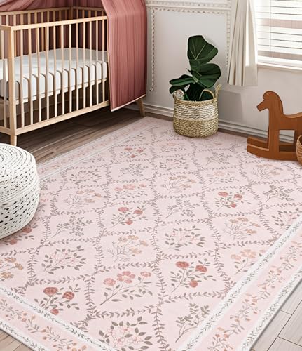 6' x 9' Pink Floral Area Rug - Washable Non-Slip Boho Carpet for Bedroom & Living Room