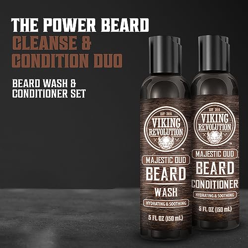 Viking Revolution Beard Wash and Beard Conditioner for Men with Argan Oil and Jojoba Oil - Beard Softener and Strengthener Beard Care Beard Shampoo and Conditioner with Beard Oil (5oz, Majestic Oud)