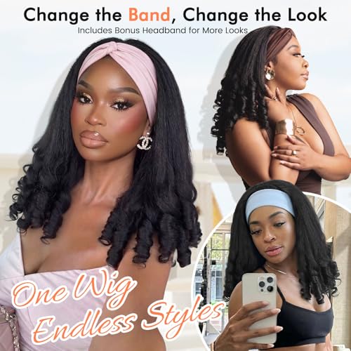 Yaki Curly Headband Wig for Black Women - 16 Inch Black, No Glue Needed