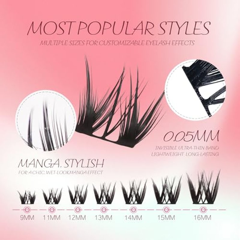 Lash Clusters Kit | 0.05mm Wispy Eyelash Clusters (9-16mm D Curl) Flora lash clusters| Wide Span DIY Eyelash Extension Kit Spiky Cat EyeLashes | Fairy Manga Fluff Lashes |Ultra-Thin Black Band
