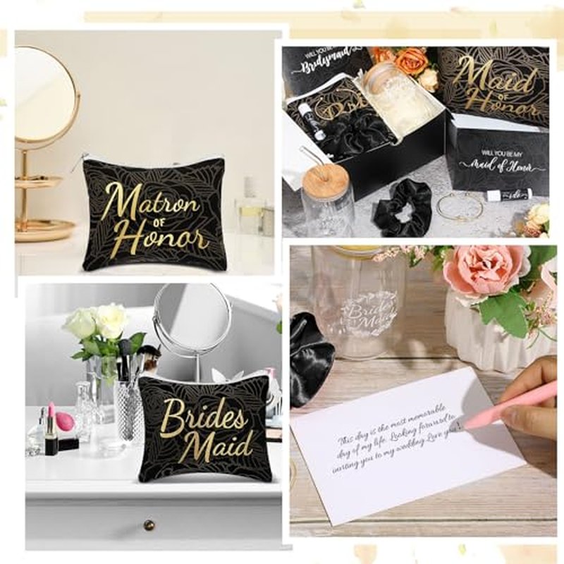 72 Pcs Bridesmaid Proposal Gifts, Will You Be My Bridesmaid, Bride Maid and Matron of Honor Gifts Include Gift Box Glass Cup Makeup Bag Cards Lip Balm Hair Scrunchie Bracelet(Black)