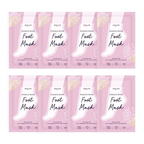 SpaLife Intensive Repair Soothing Foot Masks Enriched with Cica, Peppermint Oil, and Vitamin E (8 PACK)