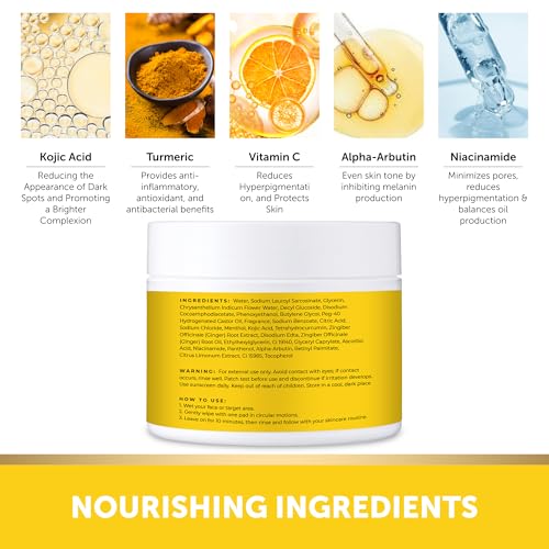 VALITIC Turmeric Kojic Acid Cleansing Pads - Exfoliating Dark Spot Remover for Face with Vitamin C, Alpha Arbutin, Niacinamide and Retinol - Kojic Acid And Turmeric Cleansing Pads - 60 Units
