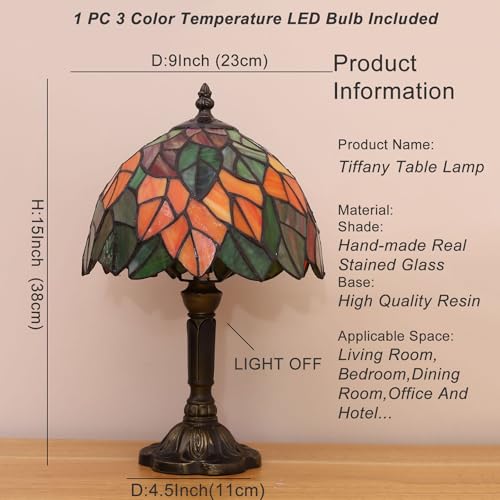 HUORUIKY Maple Leaves Tiffany Table Lamp 9x9x15 Inch with 3-Way Color Temperature & LED Bulb
