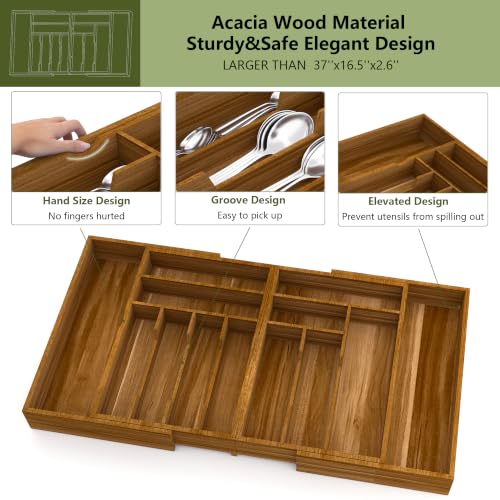Extra Large Silverware Drawer Organizer - Expandable Acacia Wood, Brown / 22-37 Inches
