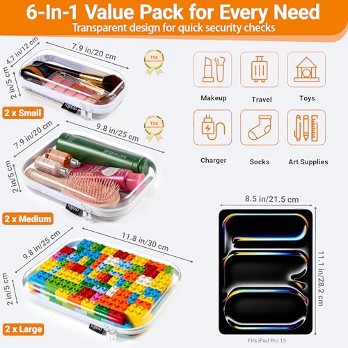 6 Pack Clear Hard Shell Zipper Case (2 Small, 2 Medium, 2 Large), See-Through Hard Plastic Organizer Pouches with Zipper for Travel, Toiletries, Makeup, Electronics & Pencils - Crush-Resistant Storage