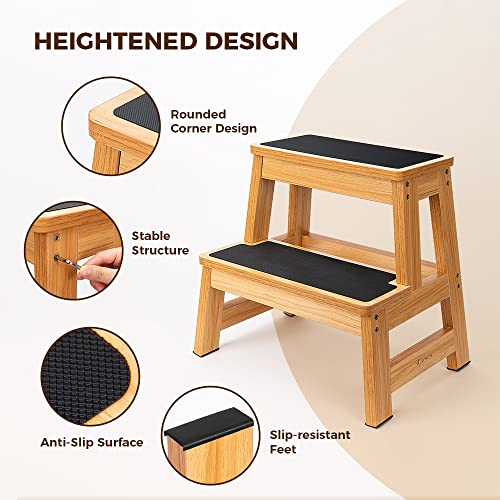 Wooden 2 Step Stool for Adults, 17.5 Inch, 500 lb Capacity, Non-Slip