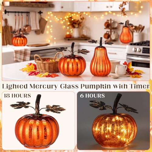 Lighted Glass Pumpkin Decor Set - Fall Thanksgiving Halloween Orange 4 Pcs