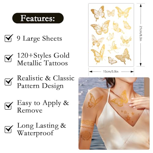 Konsait 9 Sheets Gold Temporary Tattoos, Flash Moon Butterfly Elephant Metallic Tattoos, Metallic Temporary Tattoos for Women Girls, Gold Face Tattoos for Parties Makeup Cosplay Festival Accessories