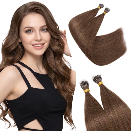Nano Bead Hair Extensions 18 Inch Real Human Hair - Medium Brown #04 - Seamless & Reusable