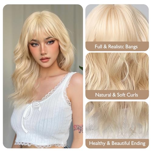 Blonde Wigs for Women 22 Inch Platinum Curly Wig with Bangs Synthetic Hair