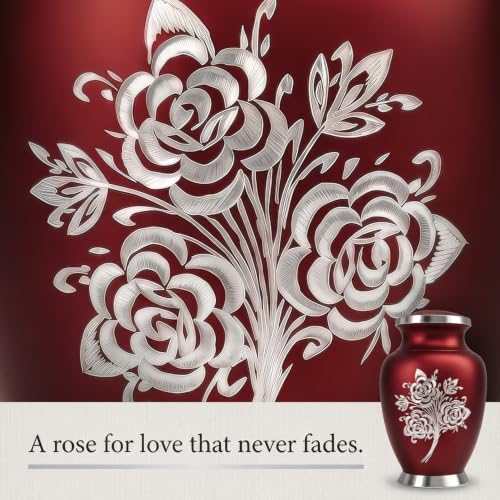 Large Red Cremation Urn for Women - 200 cu in Handcrafted Rose Design - Solace Forever