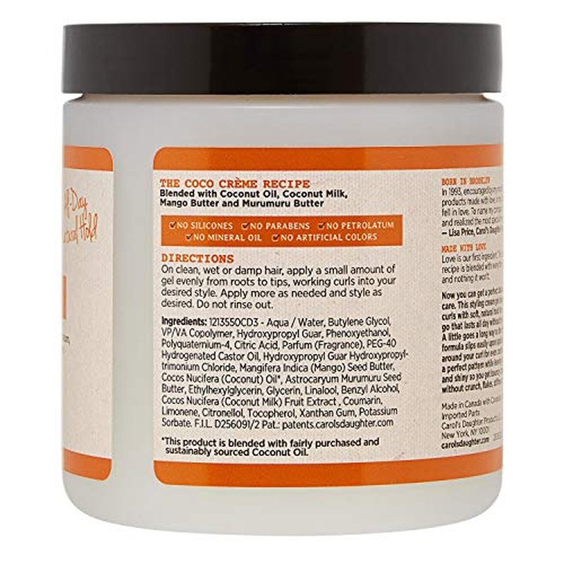 Carol¡¯s Daughter Coco Creme Curl Shaping Cream Gel, with Coconut Oil, Coconut Milk, Hair Gel for Curly Hair , Silicone, Paraben and Mineral Oil Free, For Very Dry Split Ends, 16 Oz