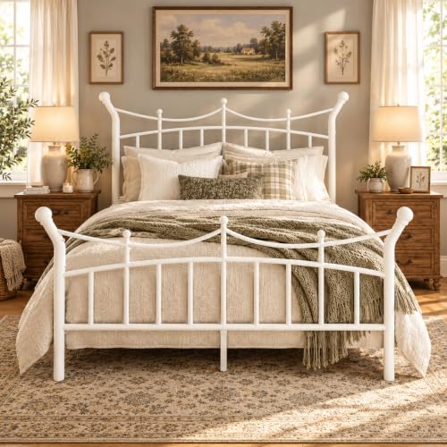 Queen Size Metal Bed Frame with Crown Design - White, Victorian Style, No Box Spring Needed, Sturdy Steel Support, Under-Bed Storage