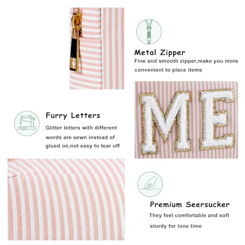 3pcs Pink Seersucker Chenille Letter Makeup & Travel Bags Set - Meds Rx Organizer