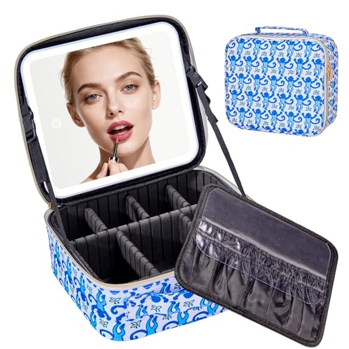 Portable Makeup Train Case with LED Mirror - Blue Travel Organizer & Mirror