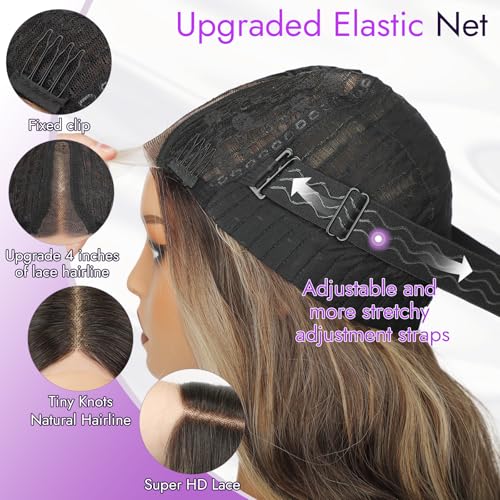 Eawwii Highlight Brown Wigs for Women 26 Inch Wavy Lace-Free Glueless Wig with Blonde Highlights