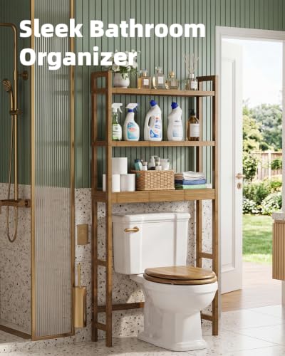 Bamboo Over-the-Toilet Bathroom Storage Shelf with Adjustable 3-Tier Shelves - Walnut, 24.8x10.2x67 in