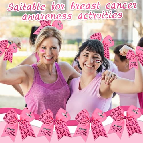Rose Pink Breast Cancer Awareness Cheer Bows Set with Tattoos - Glitter Pink
