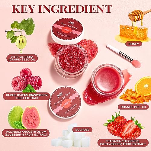 Lip Scrub & Lip Mask Set, Overnight Treatment Lip Care Products, Daily Lip Gift Set for Girls, Moisturize & Nourish, Dry Cracked Lips, Intense Hydration with Vitamin C, Overnight Lip Mask