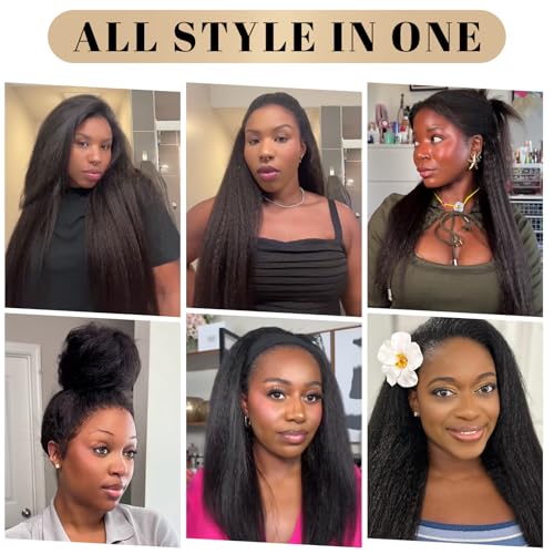 Looxey Black 1B Kinky Straight Half Wig 22 Inch 3-in-1 Yaki Drawstring Synthetic Wig for Black Women