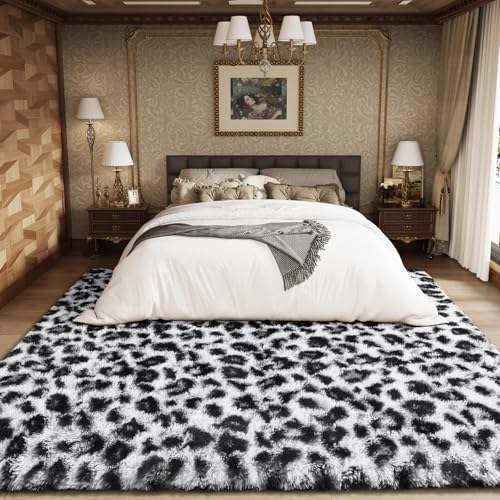 Amearea 6x9 White Fluffy Leopard Rug - Premium Cheetah Print Area Rug