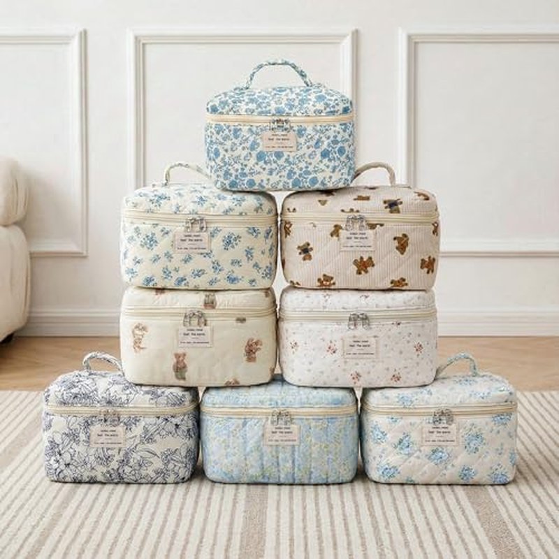 Large Floral Makeup Bag for Women, Cute Quilted Cosmetic Bag Travel Toiletry Organizer Make up Bag, Coquette Aesthetic Big Makeup Bags for Girls Gift (Blue)