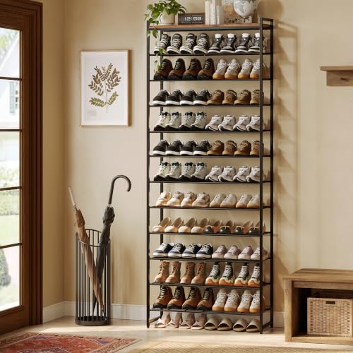 Rustic Brown and Black 12-Tier Metal Shoe Rack with Wood Top - Adjustable Boot Storage, Narrow Design for Entryway & Closet