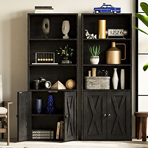 IRONCK Vintage Black Industrial Bookshelves with Doors & Shelves, 5-Tier Tall Storage